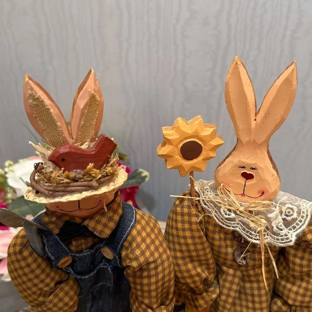 Vintage Wooden Easter Bunny Country Couple Farmers Primitive Country Folk Art